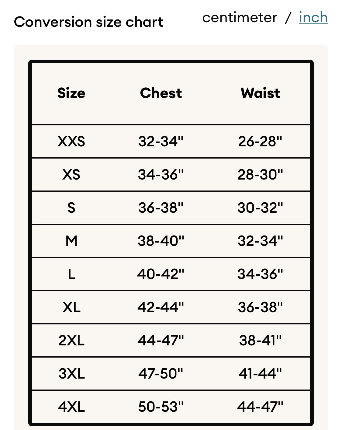 Size chart bomber jacket inches 