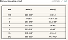 Size chart for clothing with waist and hips measurements in both centimeters and inches.