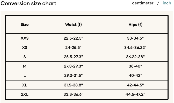 Size chart for clothing with waist and hips measurements in both centimeters and inches.