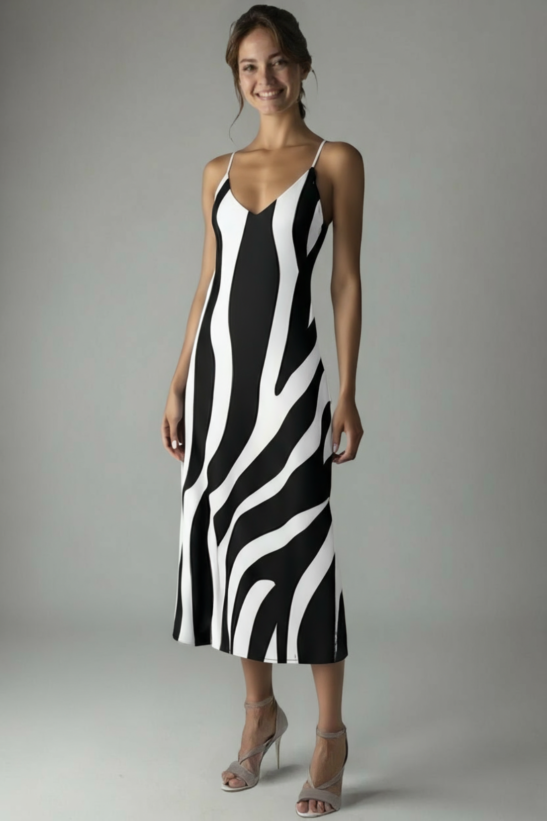 Woman wearing a black and white zebra pattern dress on a gray background