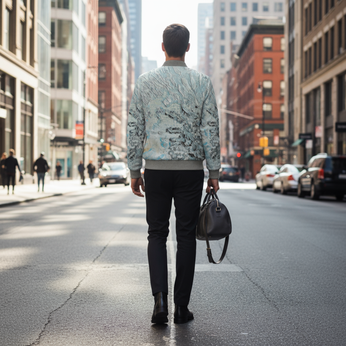 Man walking down a city street holding a bag