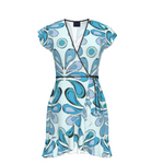 Blue and white patterned dress on a white background