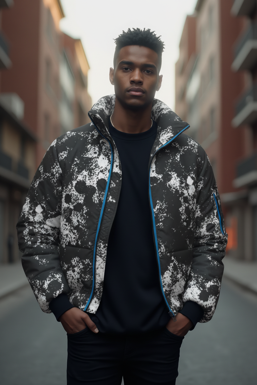 Man wearing a black and white patterned jacket on a city street