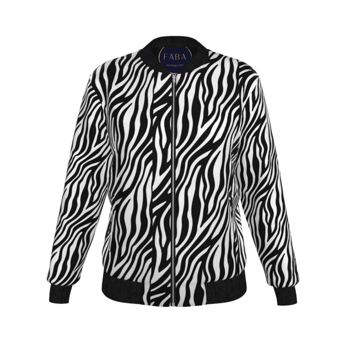 Zebra pattern bomber jacket with 'FABA' branding on a white background


