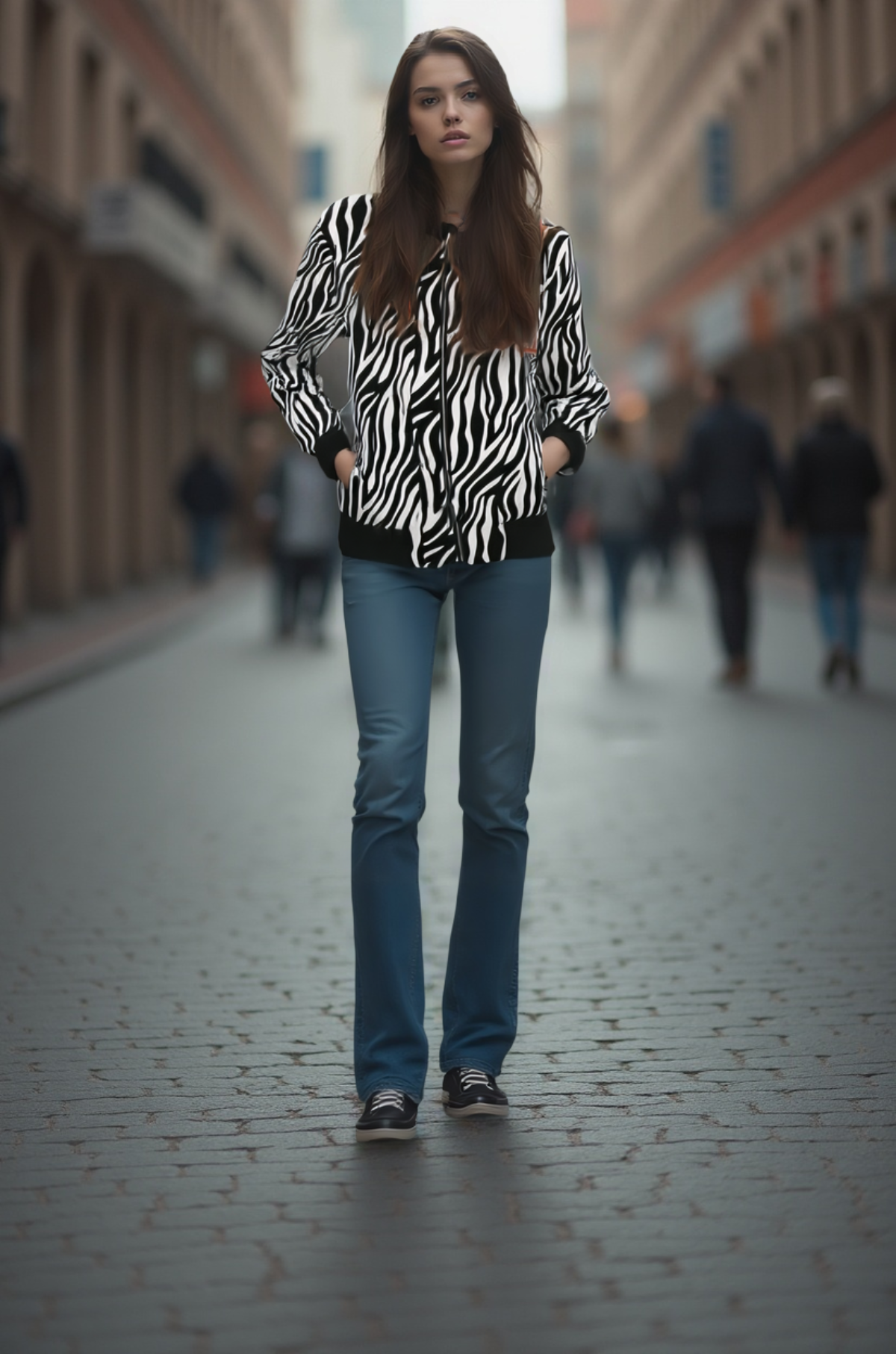 Woman wearing a zebra print jacket and blue jeans walking on a city street.

