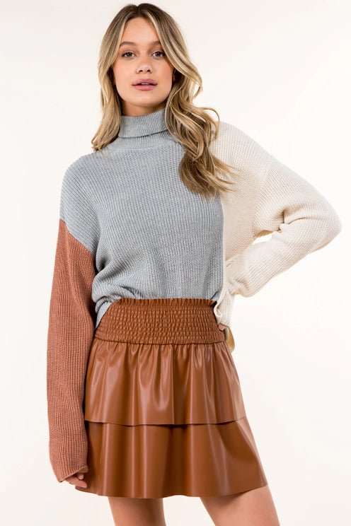Color Block Cotton Turtle Neck Sweater - CAMEL - FABA Collection