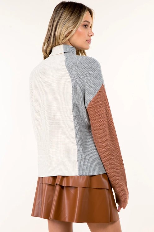 Color Block Cotton Turtle Neck Sweater - CAMEL - FABA Collection