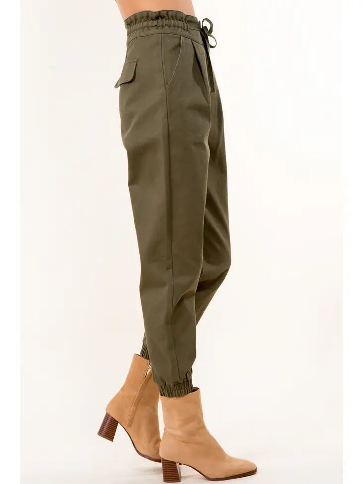 Tie Waist Paperbag Cotton Pants - OLIVE - FABA Collection
