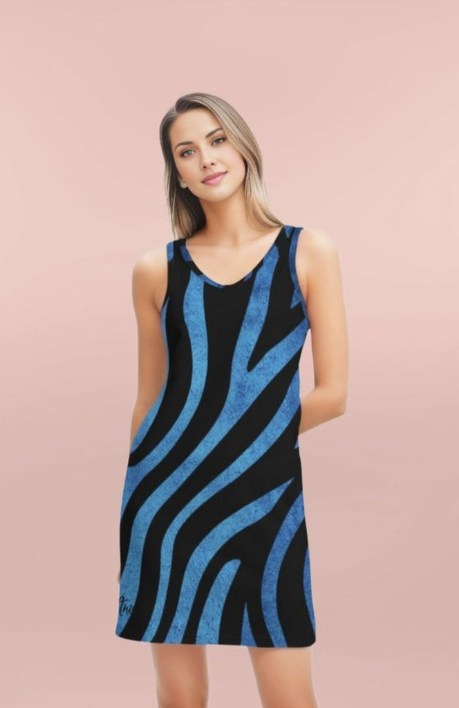 True Blue Zebra Women's Rib Knit V Neck Mini Dress - FABA Collection