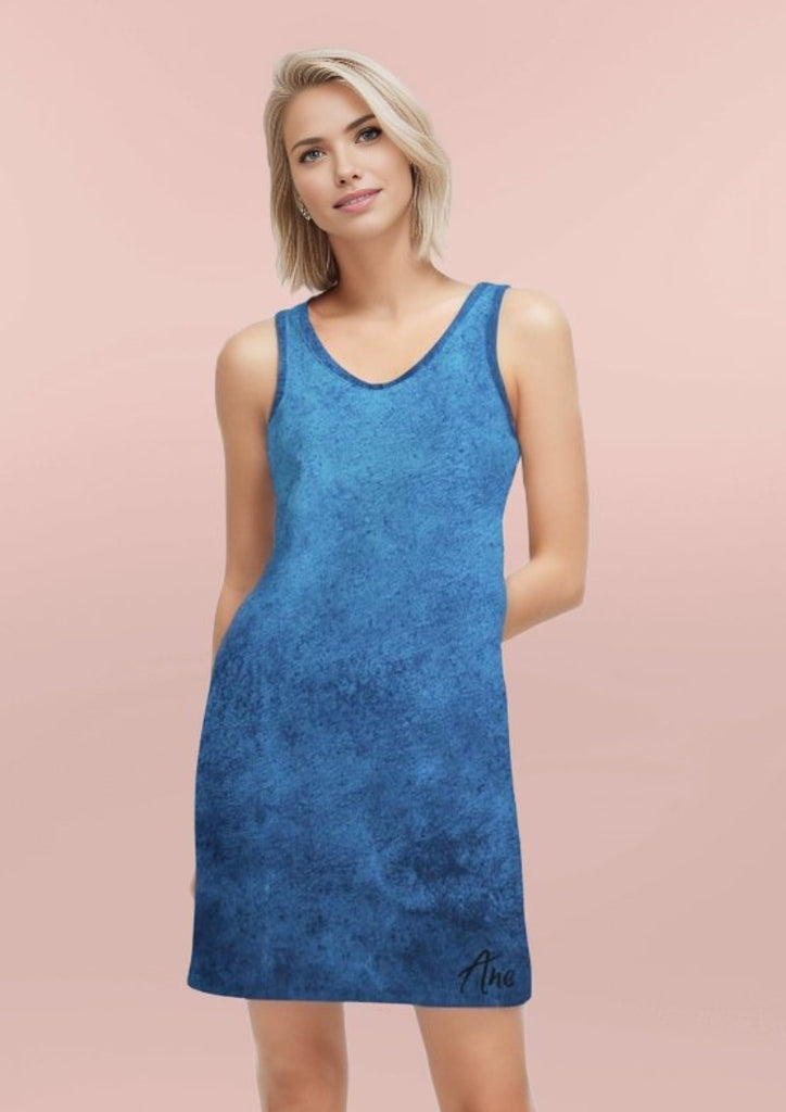 Truest Blue Women's Rib Knit V Neck Mini Dress - FABA Collection