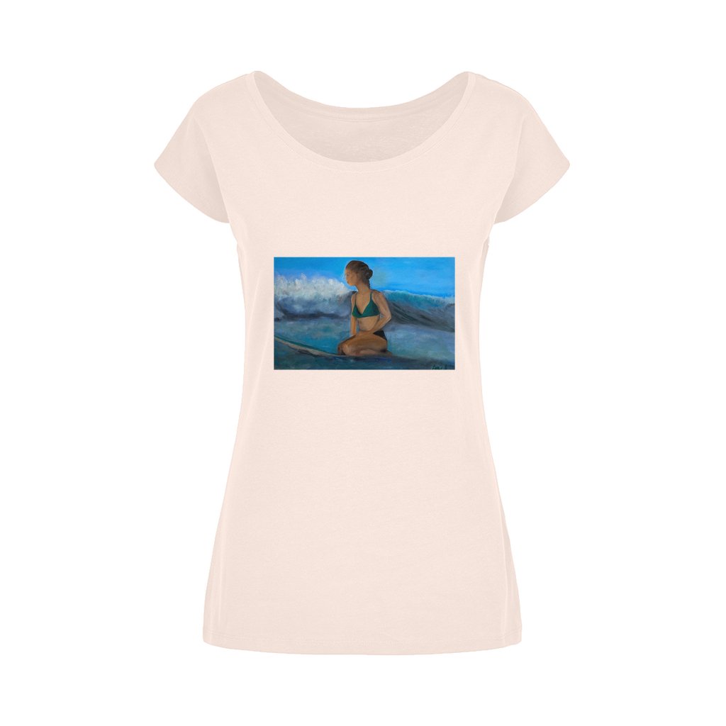 Wide Neck Women's Cotton T-Shirt Surfer Waiting for the next Wave - FABA Collection