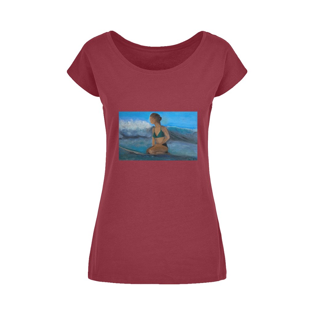 Wide Neck Women's Cotton T-Shirt Surfer Waiting for the next Wave - FABA Collection