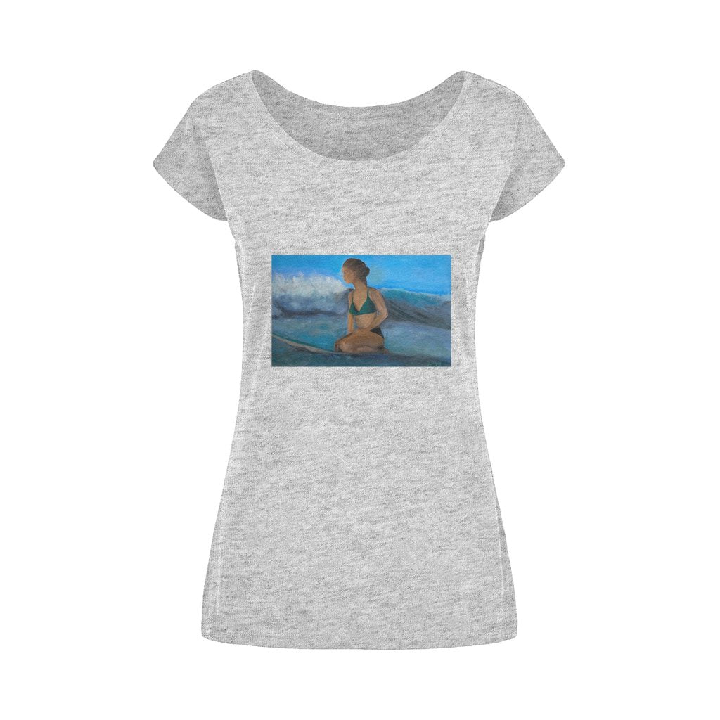 Wide Neck Women's Cotton T-Shirt Surfer Waiting for the next Wave - FABA Collection