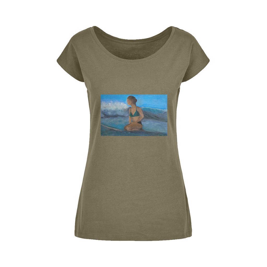 Wide Neck Women's Cotton T-Shirt Surfer Waiting for the next Wave - FABA Collection