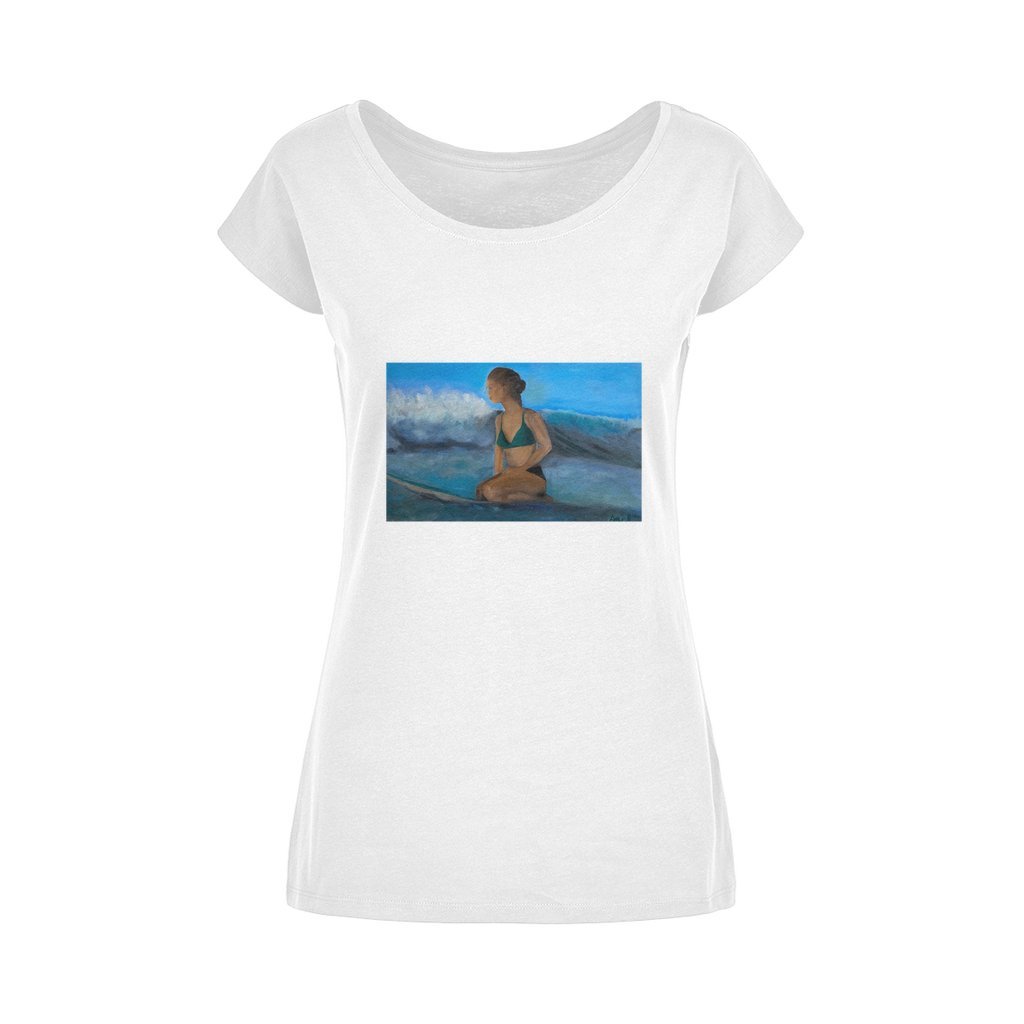 Wide Neck Women's Cotton T-Shirt Surfer Waiting for the next Wave - FABA Collection