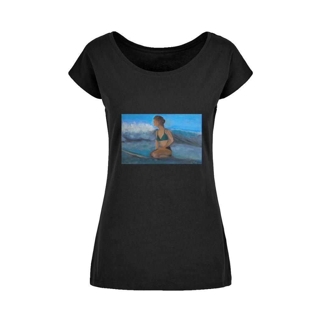 Wide Neck Women's Cotton T-Shirt Surfer Waiting for the next Wave - FABA Collection